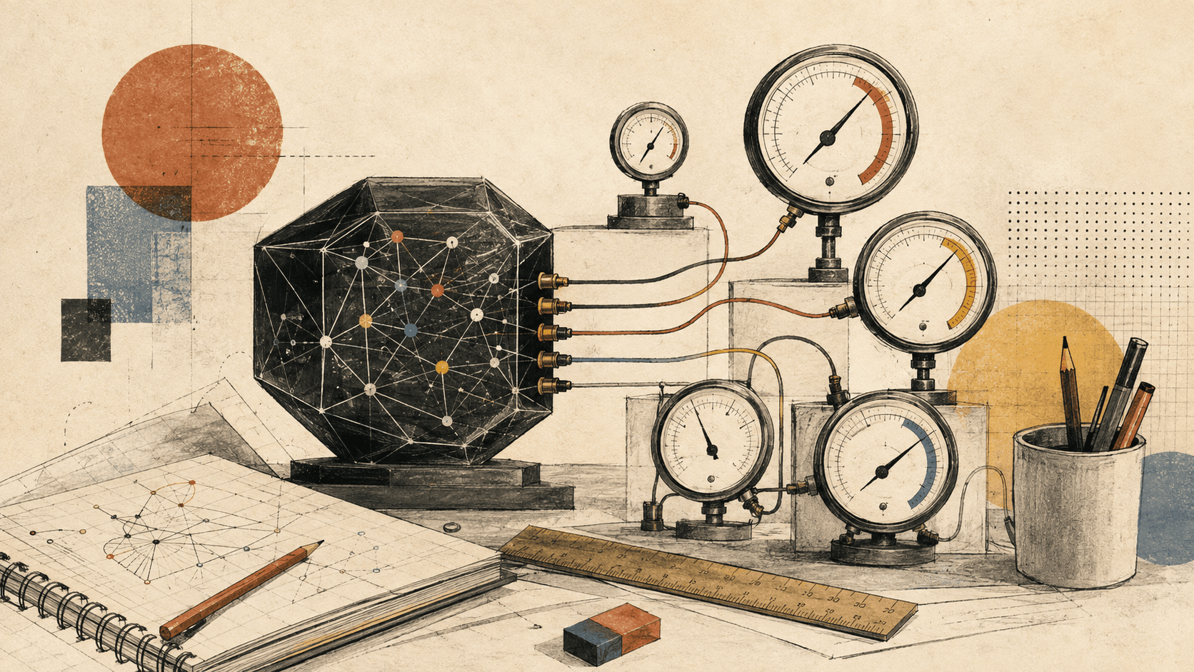 An illustrated research desk where one AI system is connected to several measurement gauges.